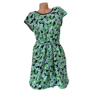 Talbots Women's Size LARGE Blue Green Floral Short Sleeve Belted Tie Waist Dress